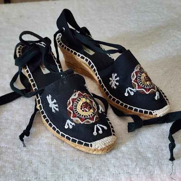 Niweile wedge espadrile sandal color black with floral embroidered size 38 - Picture 4 of 7